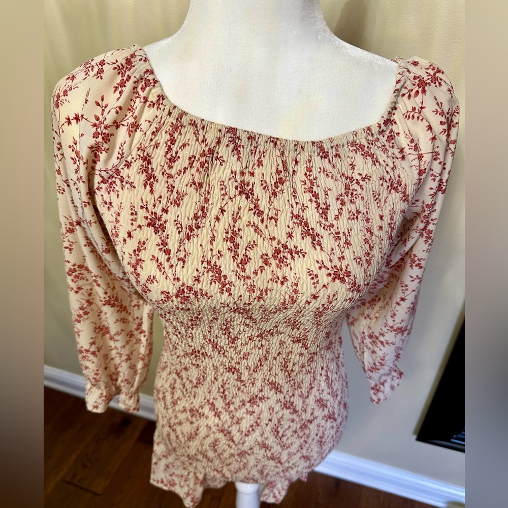 Pink Lily Cream and Red Smocked Dress Medium Summer Boutique Vacation